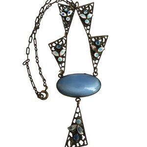 CZECH Art Deco Enamel Blue Glass Cabochon Antique Necklace